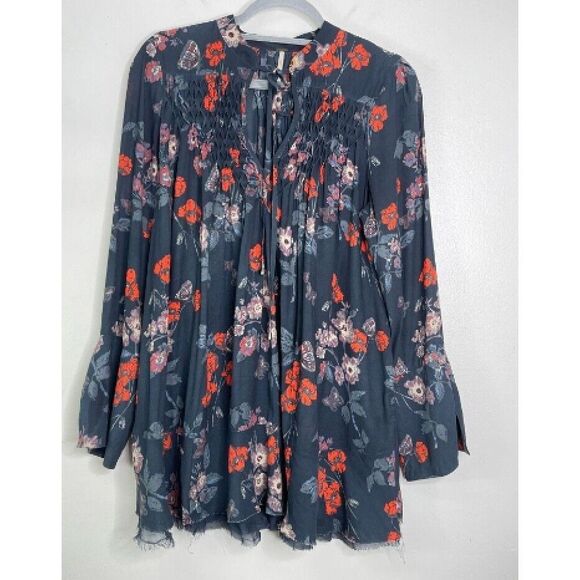Free People Pebble Crepe Floral So Fine Smoked Boho Tunic Top Women's Size Small - Picture 1 of 7
